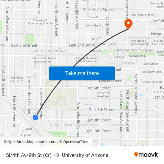 Sl/4th Av/9th St (Cr) to University of Arizona map