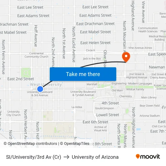 Sl/University/3rd Av (Cr) to University of Arizona map