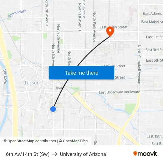 6th Av/14th St (Sw) to University of Arizona map