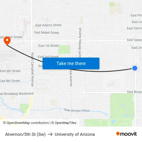 Alvernon/5th St (Sw) to University of Arizona map