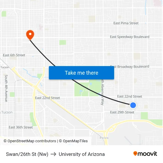 Swan/26th St (Nw) to University of Arizona map