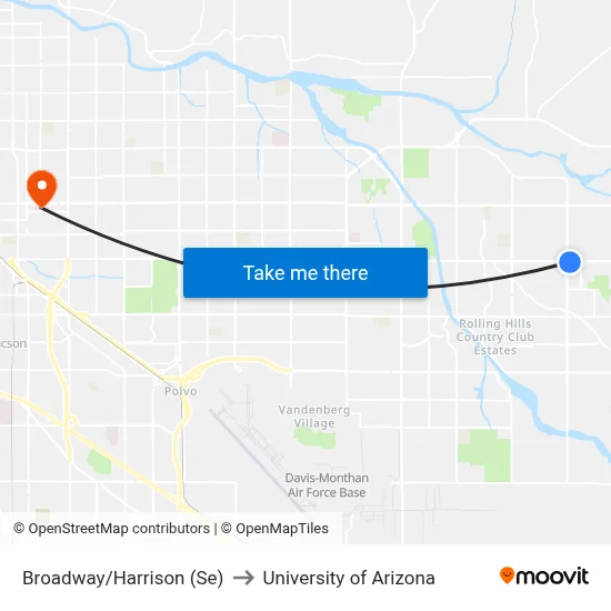 Broadway/Harrison (Se) to University of Arizona map