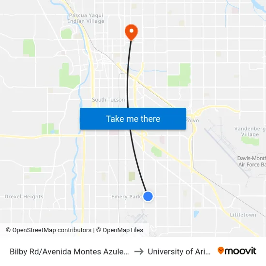 Bilby Rd/Avenida Montes Azules (Nw) to University of Arizona map