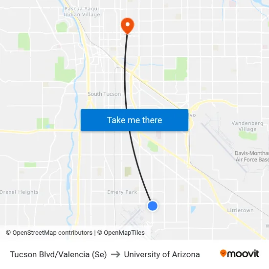 Tucson Blvd/Valencia (Se) to University of Arizona map