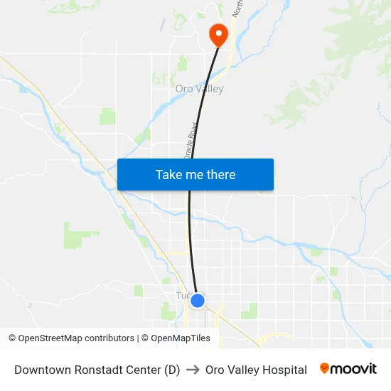 Downtown Ronstadt Center (D) to Oro Valley Hospital map
