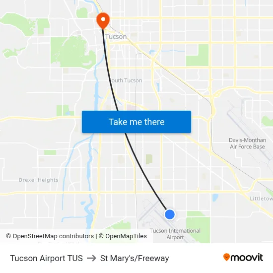 Tucson Airport TUS to St Mary's/Freeway map