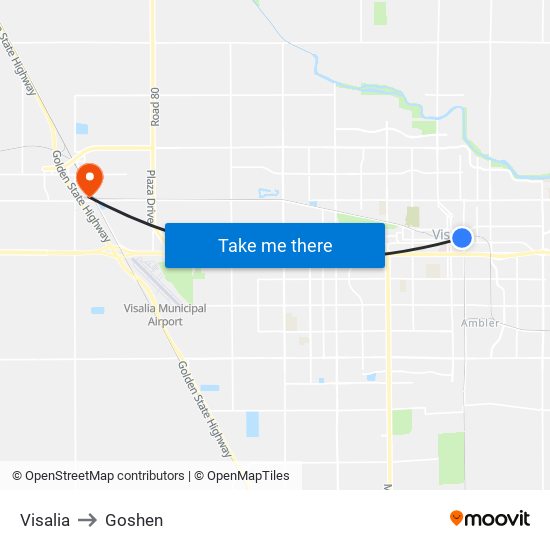 Visalia to Goshen map