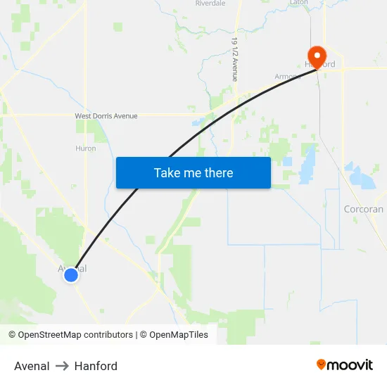Avenal to Hanford map
