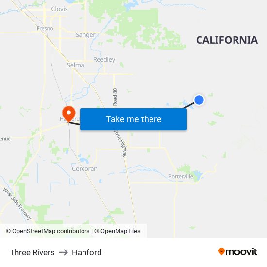 Three Rivers to Hanford map