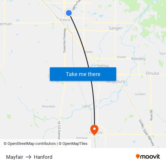 Mayfair to Hanford map
