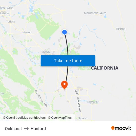 Oakhurst to Hanford map