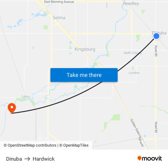 Dinuba to Hardwick map