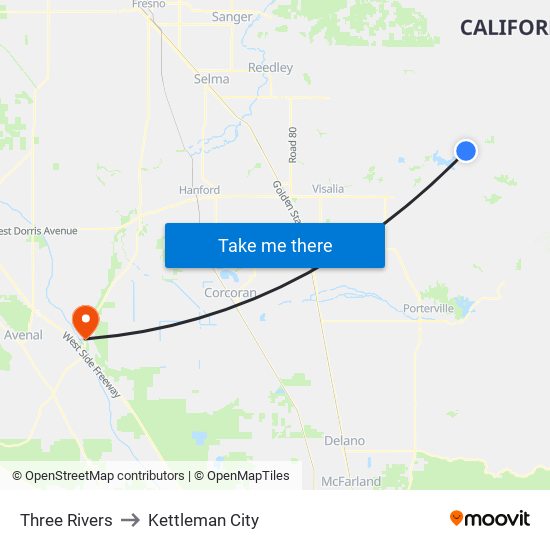 Three Rivers to Kettleman City map