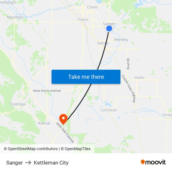 Sanger to Kettleman City map