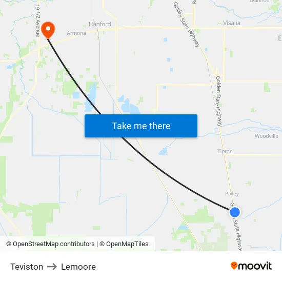 Teviston to Lemoore map
