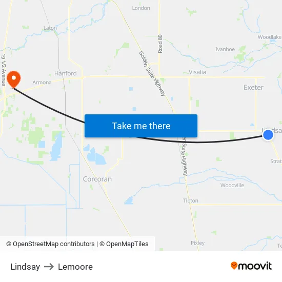 Lindsay to Lemoore map