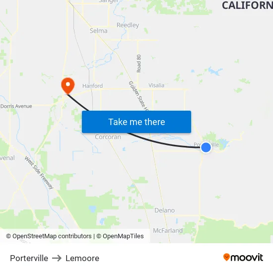 Porterville to Lemoore map