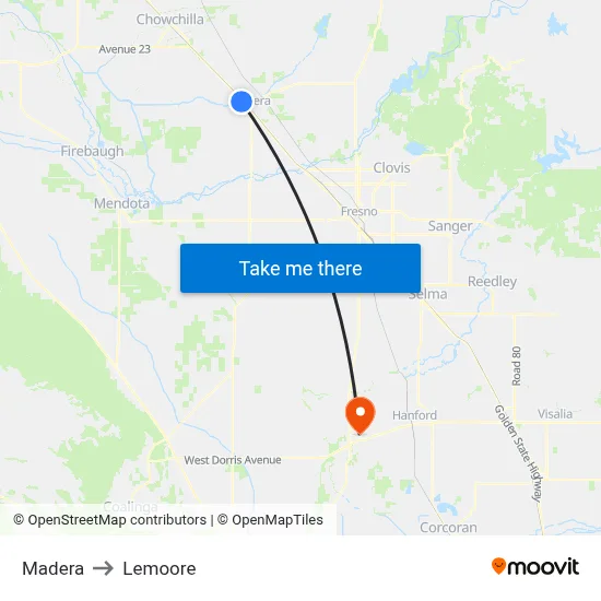 Madera to Lemoore map