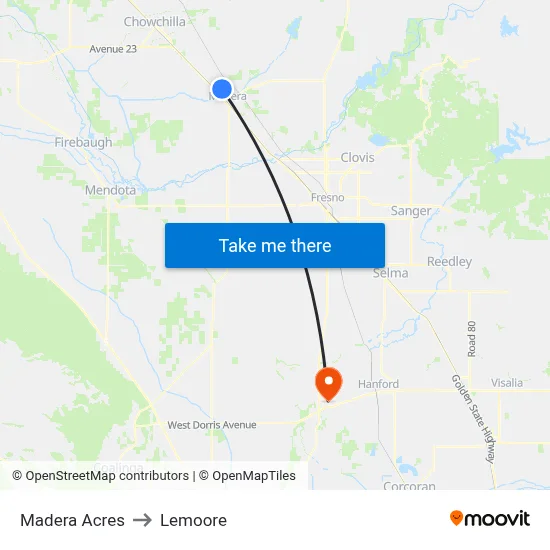 Madera Acres to Lemoore map