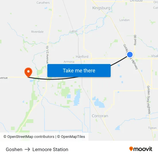 Goshen to Lemoore Station map