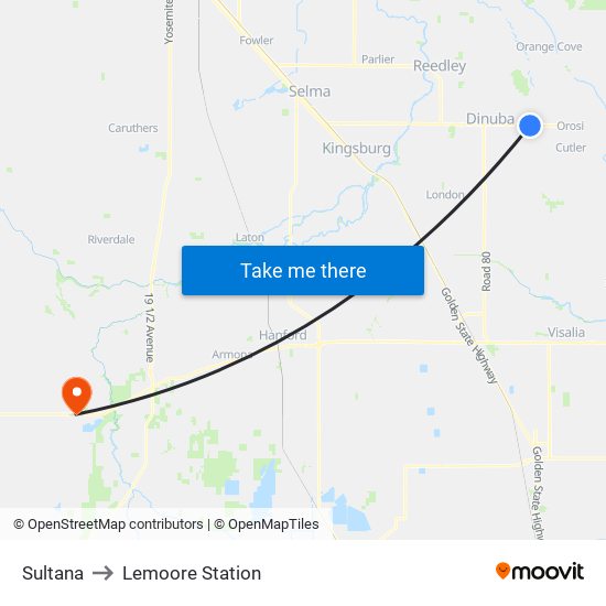 Sultana to Lemoore Station map