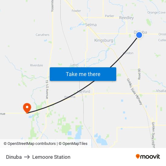 Dinuba to Lemoore Station map