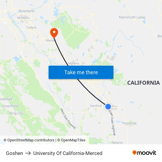 Goshen to University Of California-Merced map