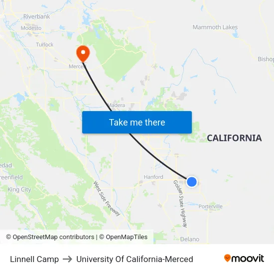 Linnell Camp to University Of California-Merced map
