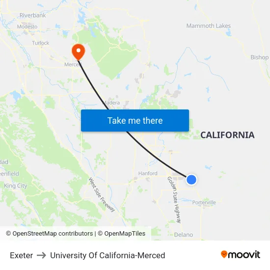 Exeter to University Of California-Merced map