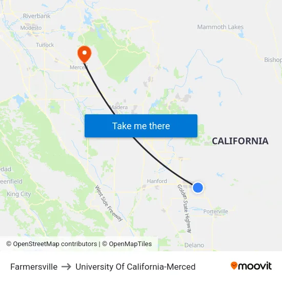 Farmersville to University Of California-Merced map