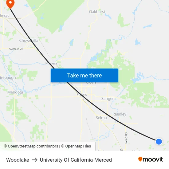 Woodlake to University Of California-Merced map