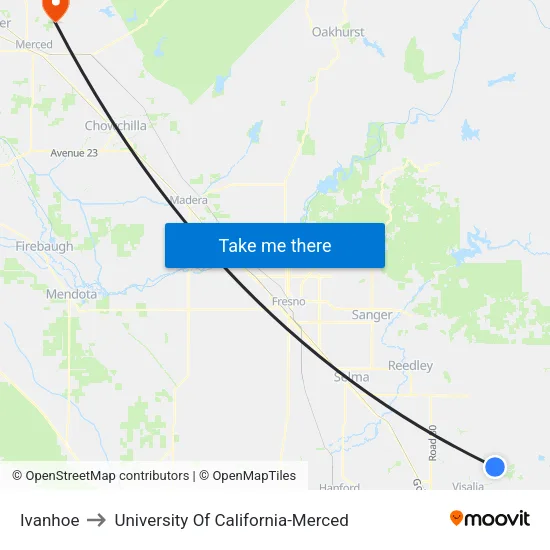 Ivanhoe to University Of California-Merced map