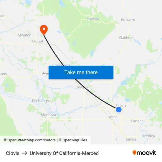 Clovis to University Of California-Merced map