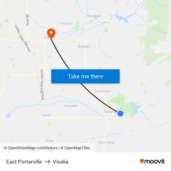 East Porterville to Visalia map