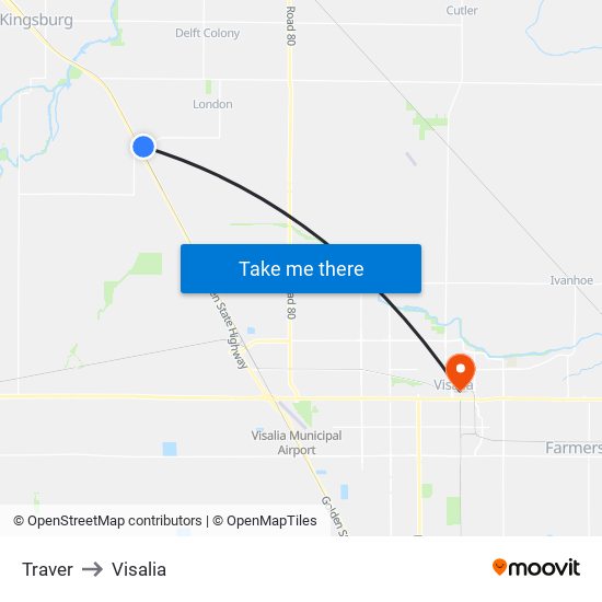 Traver to Visalia map