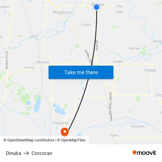 Dinuba to Corcoran map