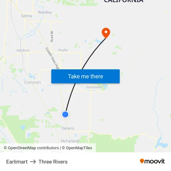 Earlimart to Three Rivers map