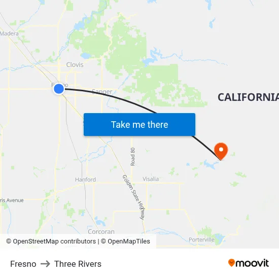 Fresno to Three Rivers map