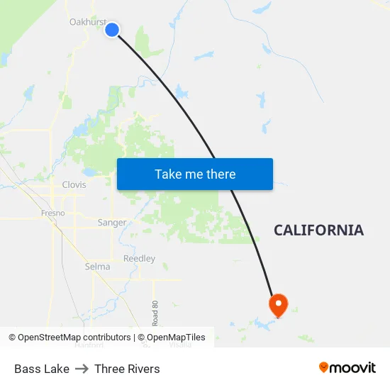 Bass Lake to Three Rivers map