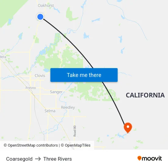 Coarsegold to Three Rivers map