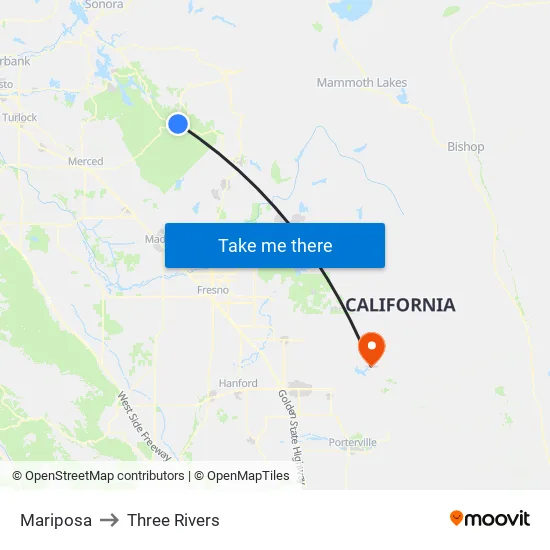 Mariposa to Three Rivers map