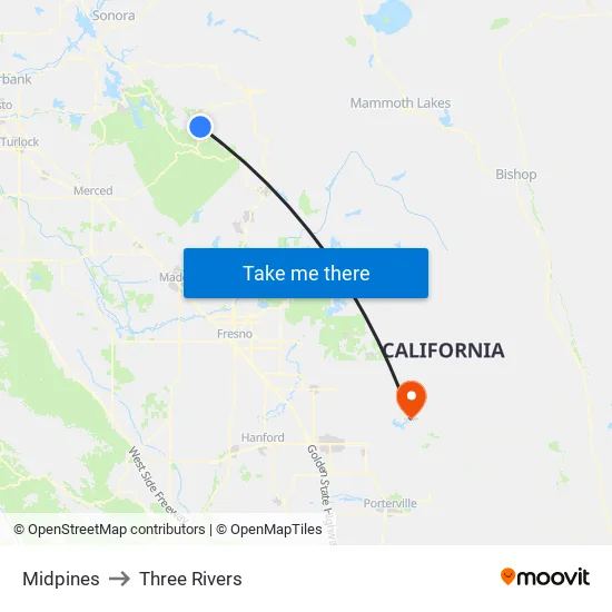Midpines to Three Rivers map