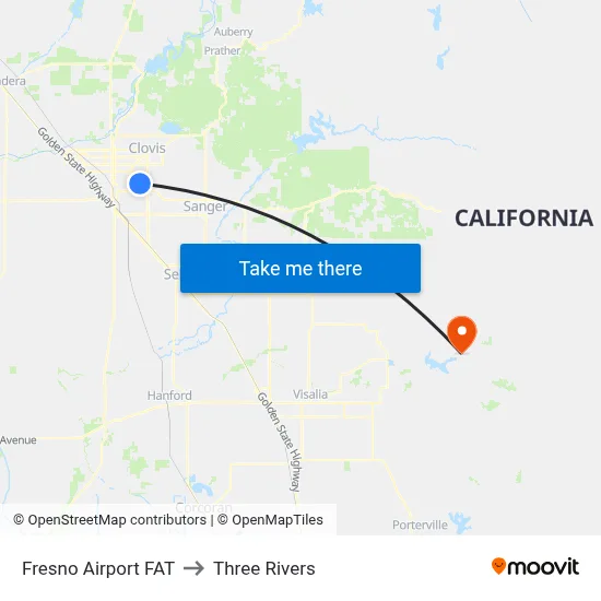 Fresno Airport FAT to Three Rivers map