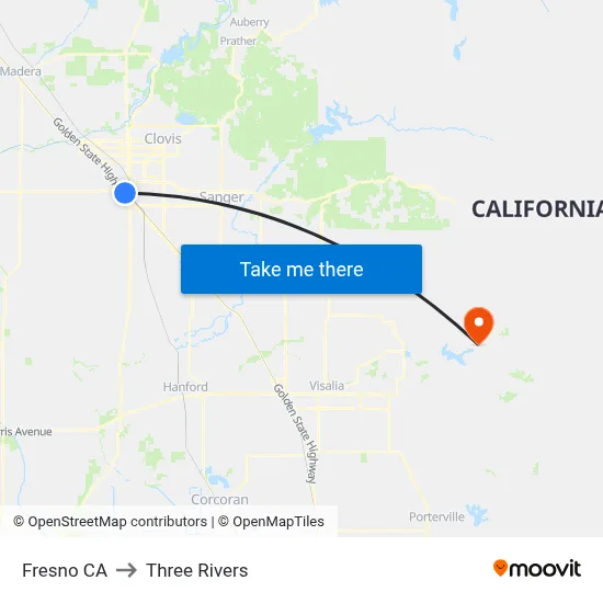 Fresno CA to Three Rivers map