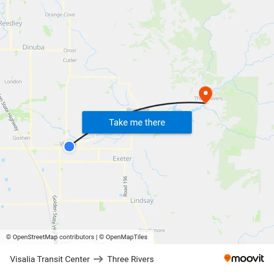 Visalia Transit Center to Three Rivers map