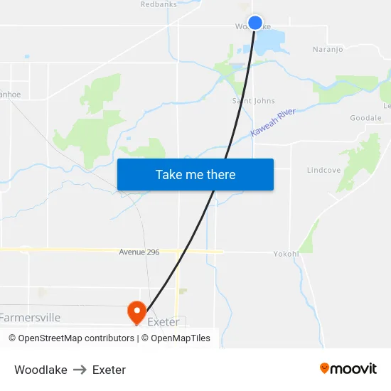 Woodlake to Exeter map