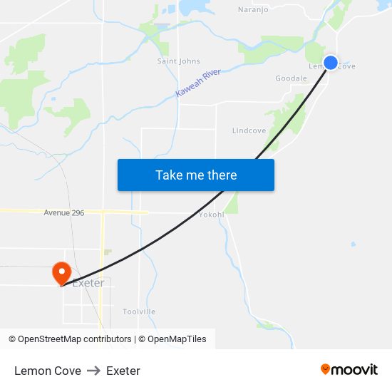 Lemon Cove to Exeter map