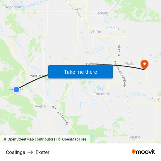 Coalinga to Exeter map