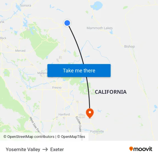 Yosemite Valley to Exeter map