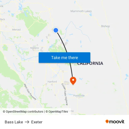 Bass Lake to Exeter map